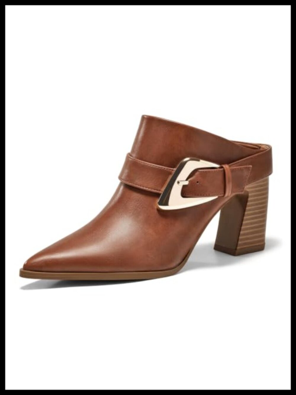 Womens Mules Boots Chunky Stacked Heel Pointed Toe Slip On Booties with Buckle
